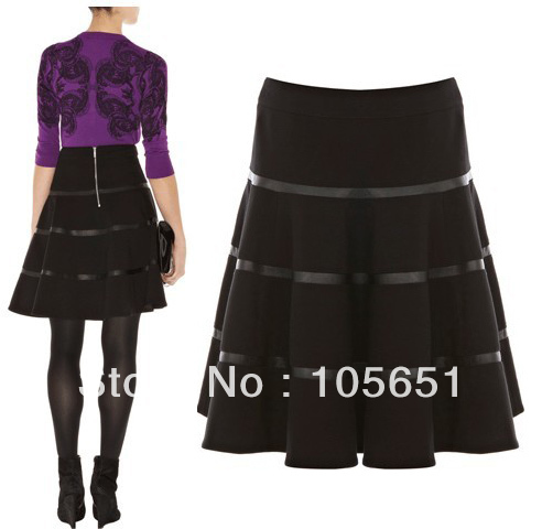 Free Shipping, Top Quality,  British Style Women's Fashion Office Ponte Roma Full Skirt With Faux Leather Seam Detail KM-SP077