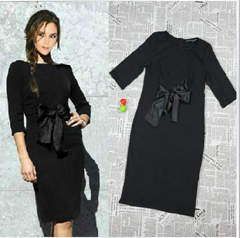 Free Shipping,Top Quality. Fashion Slim Elegant Victoria Beckham Bow Dress, Women's Pencil Black Casual Plus Size Dresses