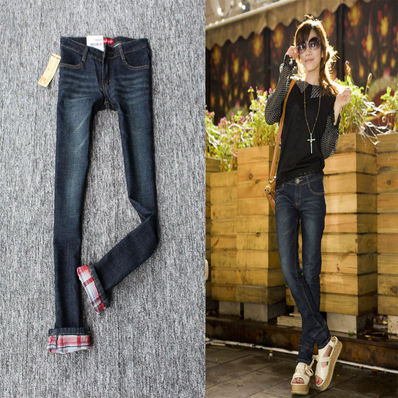 Free shipping Trousers plaid roll up hem skinny jeans pencil pants denim trousers 5488T42-6