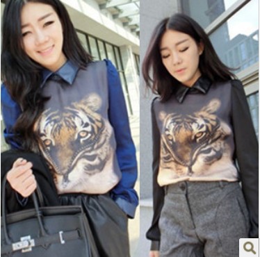 Free Shipping TS-099 Fashion Tiger Printed Chiffon Shirts PU Leather Collar Tops For Women Fashion Long Sleeve Patchwork Blouses