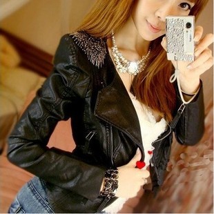 Free shipping Turn-down collar black small leather motorcycle clothing female short design fashion slim short jacket PU 2012