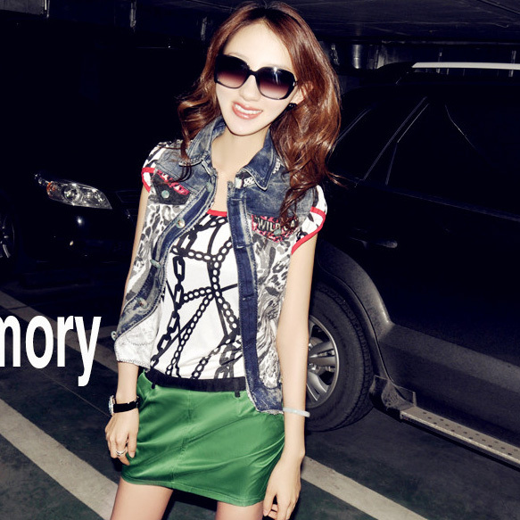 Free shipping Turn-down collar denim leopard print zipper retro finishing collocation vest 6202