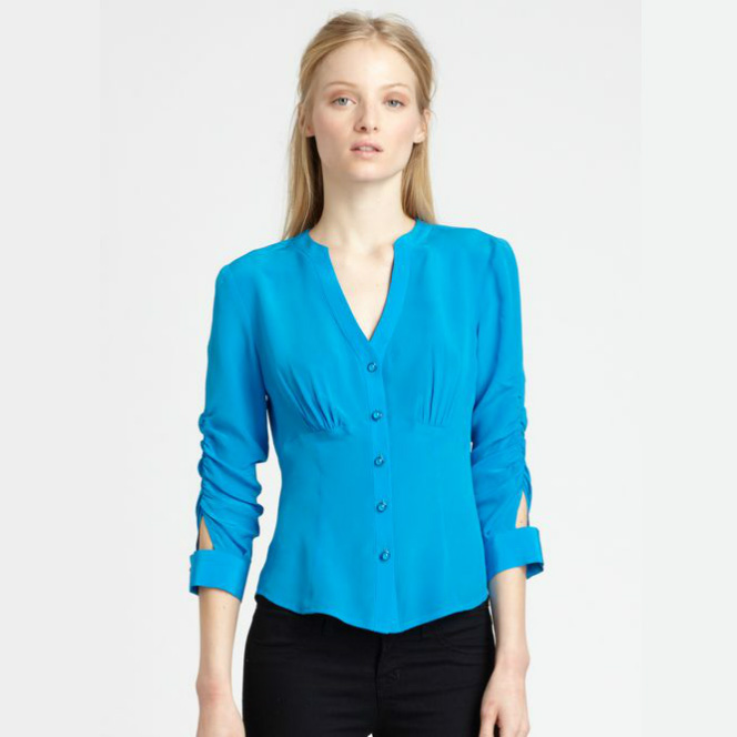 Free Shipping Turquoiseturquoise slim pleated v stand collar three quarter sleeve chiffon shirt female