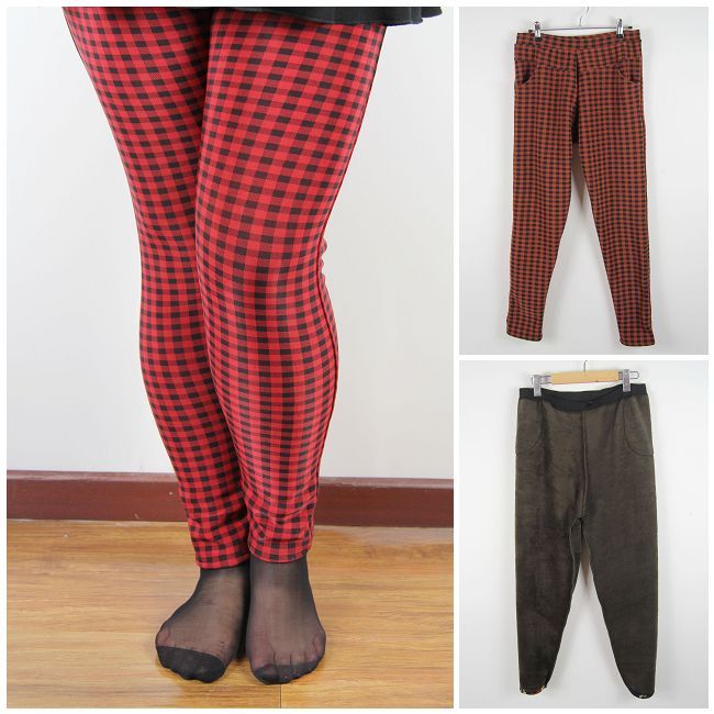 Free shipping Ultralarge female trousers red orange grey plaid brushed pants plus velvet pants basic trousers good quality