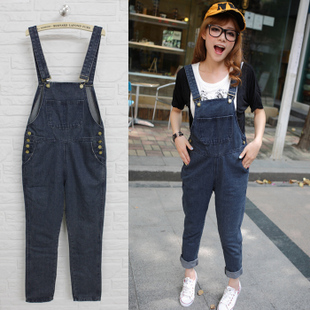 Free shipping! Ulzzang ! denim water wash bib pants one piece spaghetti strap pants jeans loose side buckle