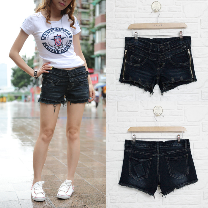 free shipping Unique double zipper denim shorts c9-9028y