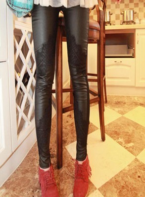 free shipping V all-match eyeholes lace patchwork leather pants legging