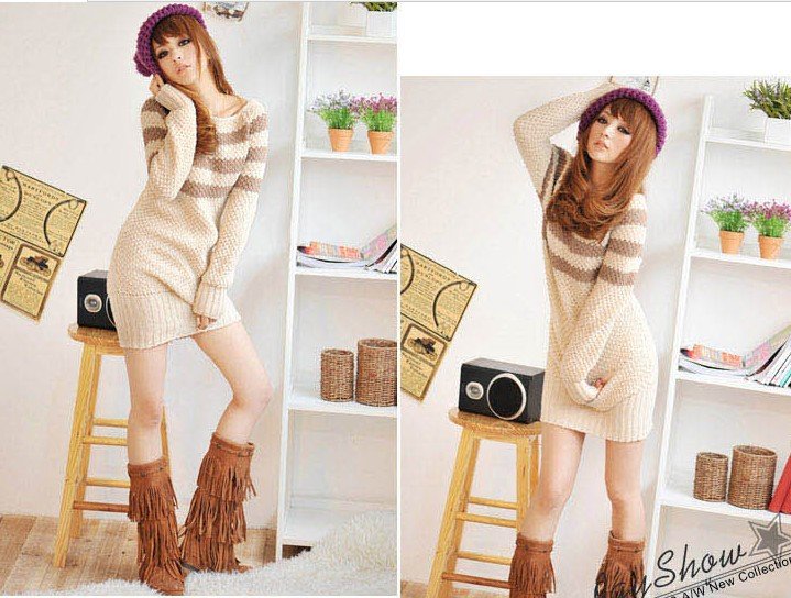 Free shipping V-NECK TUNIC KNIT WEAR PULLOVER SWEATER DRESS LONG WOMAN CARDIGANS