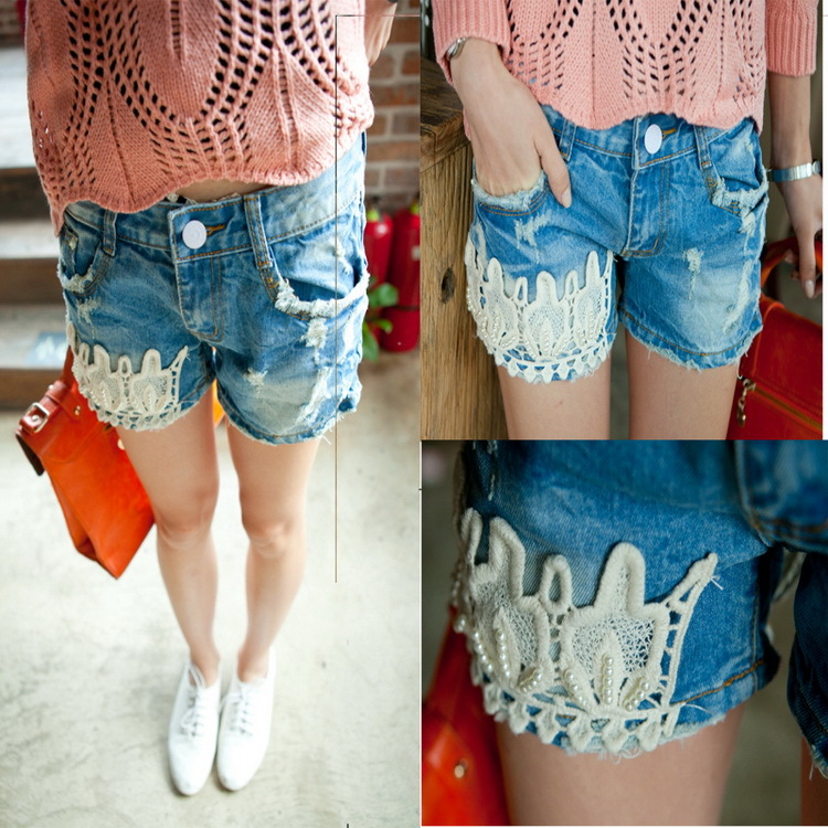 free shipping Vekees exquisite handmade embroidered beading denim shorts - 7001