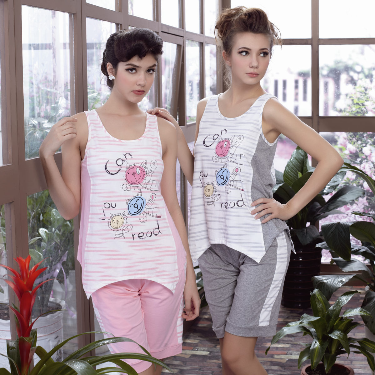 Free shipping   vest set women's summer 100% cotton sleepwear smiley cartoon lounge 96249