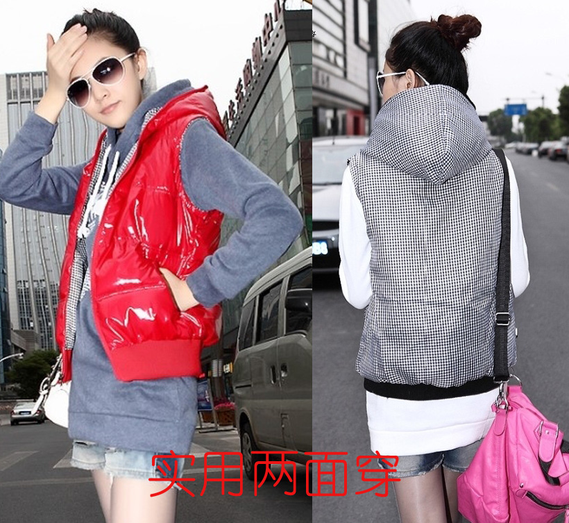 Free shipping Vest vest cotton-padded coat 2012 women's outerwear with a hood solid color women outerwear unique reversible