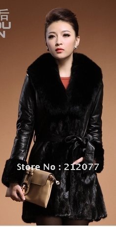 free shipping via DHL 201 new fur coat long section of water mink coat fox collars whole mink fight mink 930