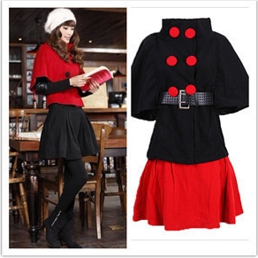 Free shipping Vintage 2012 new Women Belted Cape Outwear+Pleated Skirt+Shirt+Legging Suit 5 Pcs/Set Elegant Jacket Outwear M, L