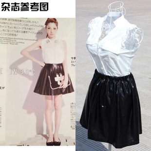 Free shipping vintage artificial leather black color fashion Skirt  half-body skirt