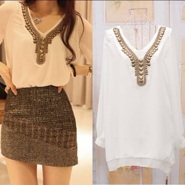 Free shipping vintage beading v-neck loose double layers full sleeve ladies casual chiffon blouses shirts new fashion