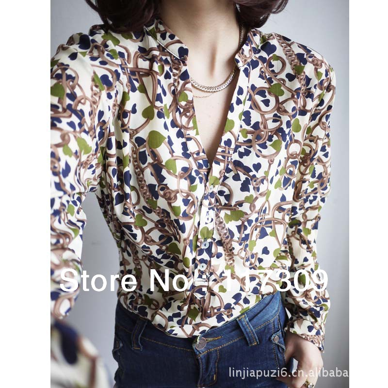 Free shipping Vintage Cute chiffon Clover Long Sleeve shirt/blouses women/loose/Green,Red/S,M,L/Ts003