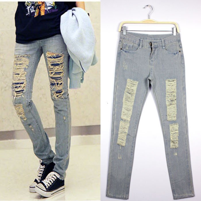 Free Shipping Vintage Distressed Washing Grinding White Hole Women Jeans S/M/X/XL AD9810LK