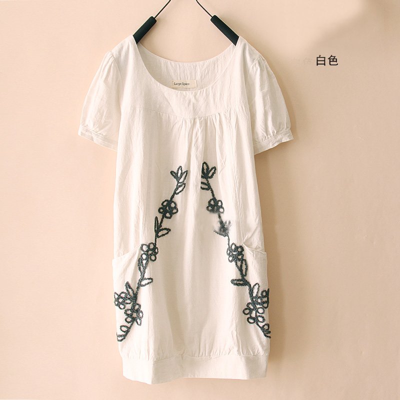 Free shipping vintage embroidered short-sleeve o-neck loose plus size linen dress