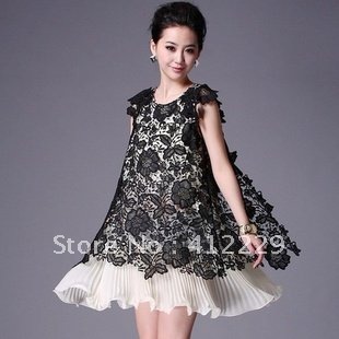 Free shipping vintage embroidery ruffles knee-length back slit loose vest ladies lace sleeveless pleated dress new fashion 2012