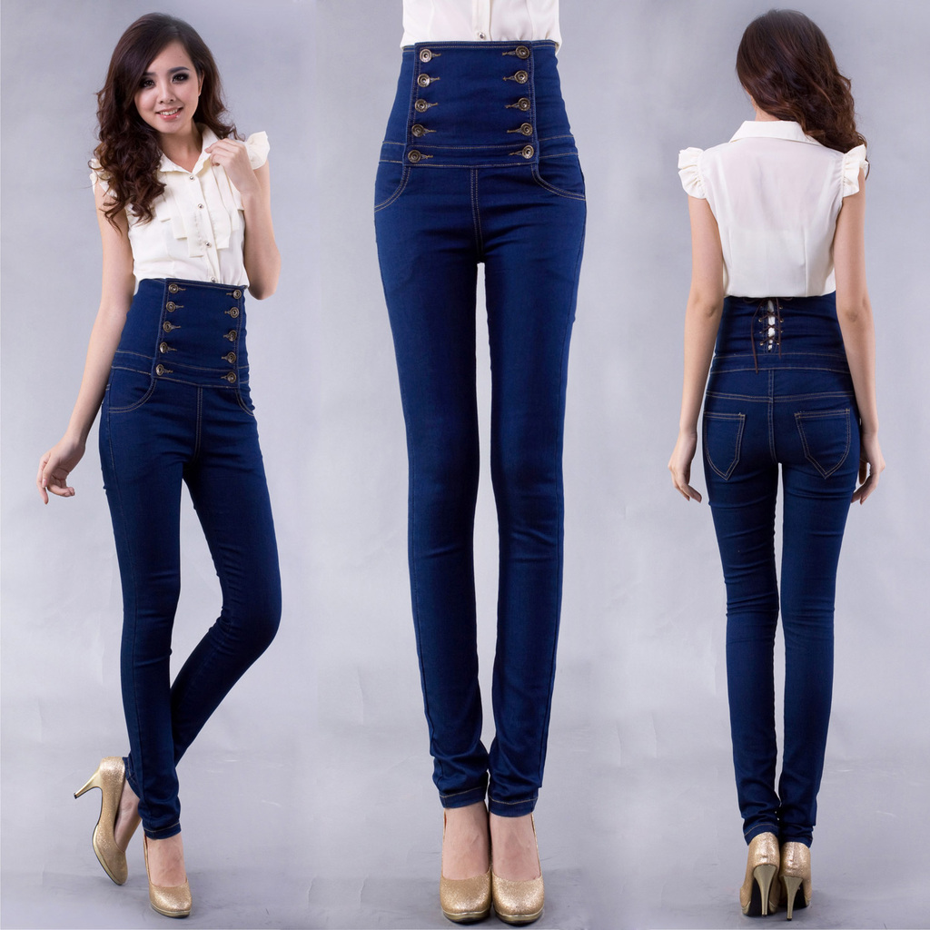 FREE SHIPPING Vintage fashion plus size high waist jeans  jumpsuit autumn and winter of buttons pencil trousers