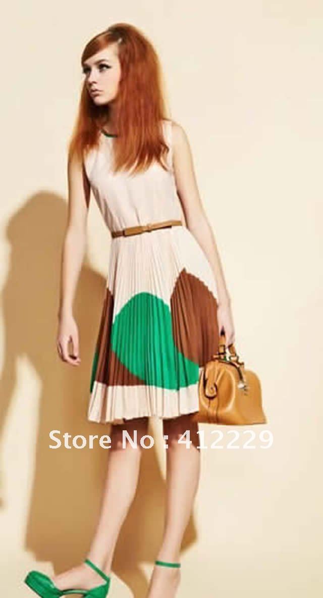 Free shipping vintage geometric temperament sleeveless knee-length skirt vest belt women's pleated chiffon dress new fashion