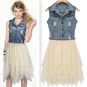 Free shipping  vintage jeans set dress   women's fashion demin vest set dress