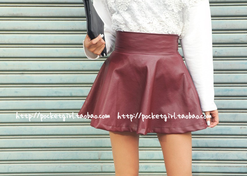 Free shipping Vintage PU faux leather maroon high waist sheds short skirt bust skirt