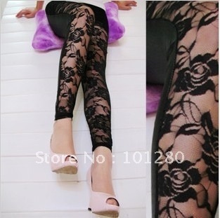 FREE SHIPPING Vintage rose lace patchwork faux leather trousers ankle length trousers skinny pants legging female summer