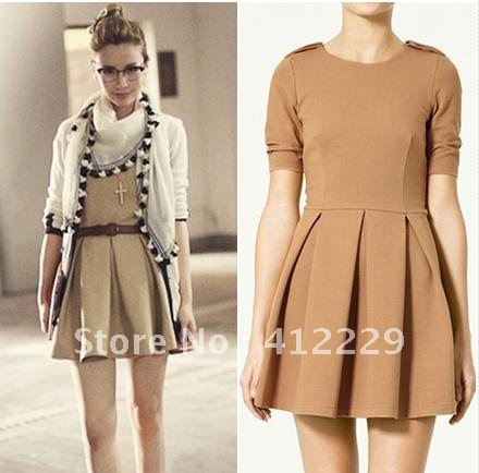 Free shipping vintage solid epaulette high waist half sleeve knee-length casual women's pleated dress new fashion 2012