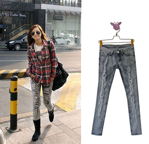 Free Shipping VintageLace Tie Dye Washing Hole Pencil Pants, Skinny Jeans Woman  S/M/X/XL AD9818LK