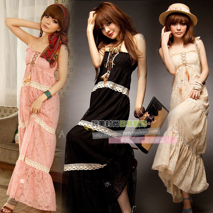 free shipping Vivi bohemian national trend lace crotch spaghetti strap jumpsuit full dress 3