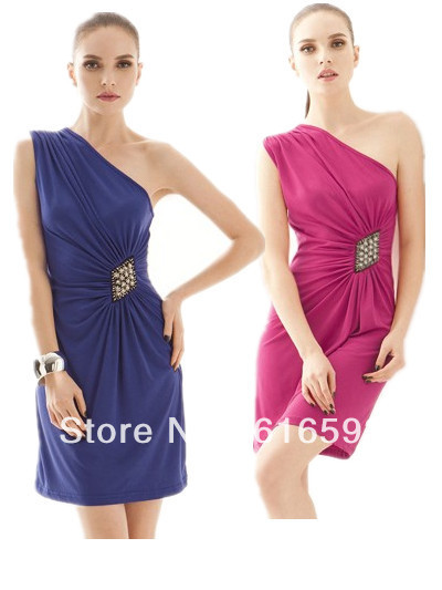 Free Shipping Vogue Shining Rhinestone Buckle Waist One Shoulder Stunning Party Queen Lycra Dress Blue/Rose