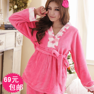 FREE SHIPPING Watermelon red autumn and winter coral fleece lounge sleep set quality thermal long-sleeve