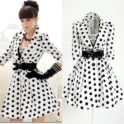 Free shipping white background black dot half sleeve bow belt ladies slim coat long trench winter new fashion outerwear