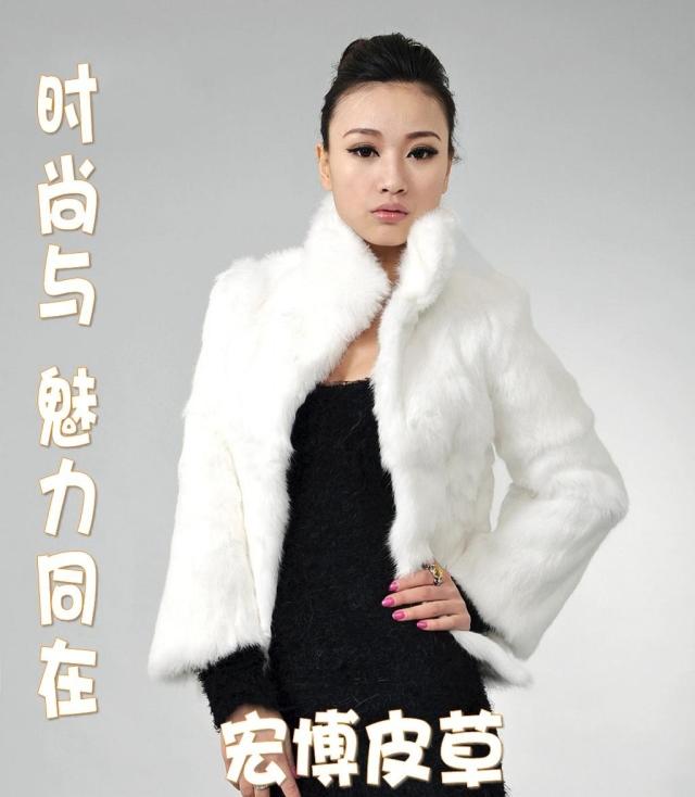 Free shipping, white & black fashion thermal stand collar full leather rabbit fur coat for woman