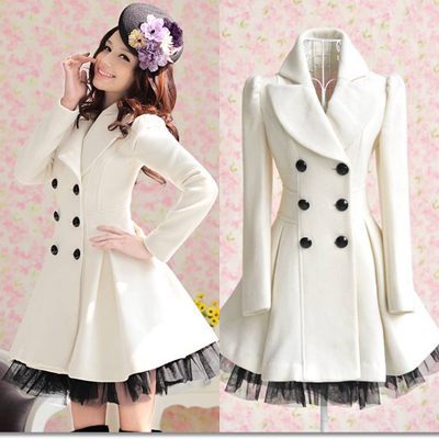 Free shipping white double breasted full sleeve ladies slim pleated lace woolen blend coat winter new fashion