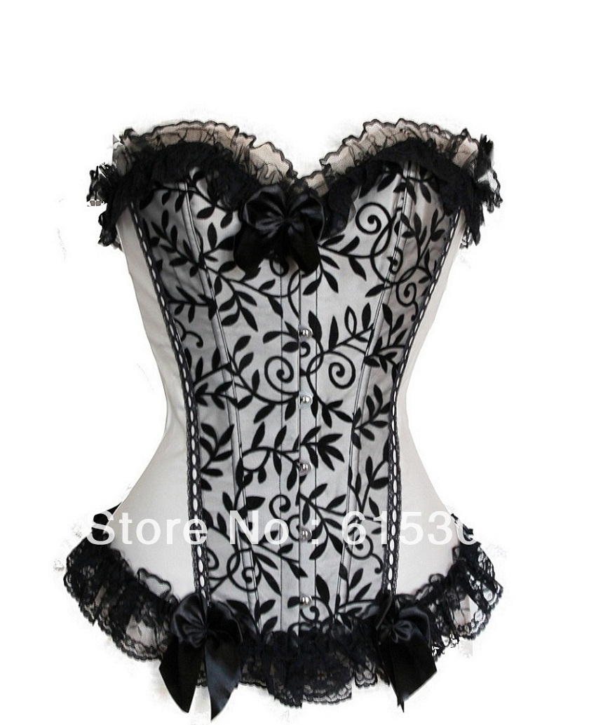 Free shipping White fashion overbust corset with black lace - white-Drop Shipping