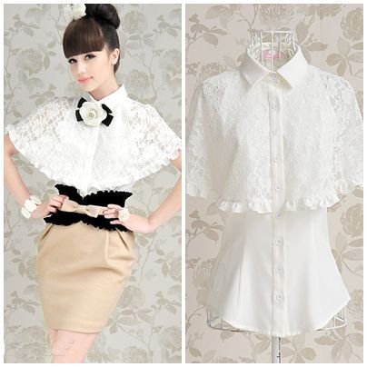 Free shipping white lace pathwork cape ruffles florwer ladies cute sleeveless blouses & shirts 2012 design hot selling