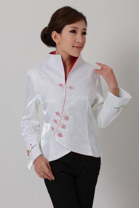 Free Shipping White  New Chinese Women's Satin Polyester Embroider Jacket Coat Flowers  Wholesale and Retail Size S - XXXL