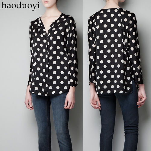 Free Shipping White polka dot female short fork round sweep long-sleeve shirt zipper dot blouse 6 full