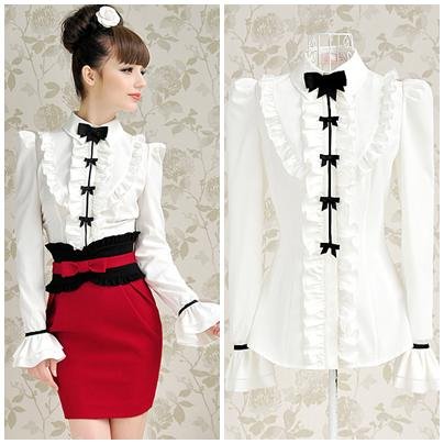 Free shipping white ruffles black bow full sleeve ladies slim working blouses shirts 2013 design hot selling