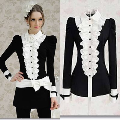 Free shipping white ruffles patchwork full sleeve top casual women sheath black blouse shirt new fashion 2013