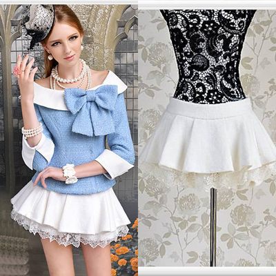 Free shipping white sequined lace patchwork ladies wool blend pleated pantskirt dressy shorts  new fashion