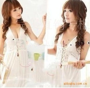 Free shipping White short skirt spaghetti strap lace open file transparent one piece set