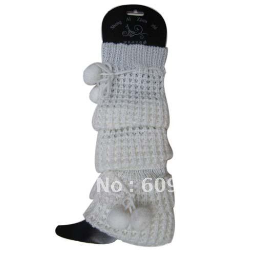 Free Shipping White Two Balls Top Fluffies Fenestrated Lapped Knitted Leg Warmers