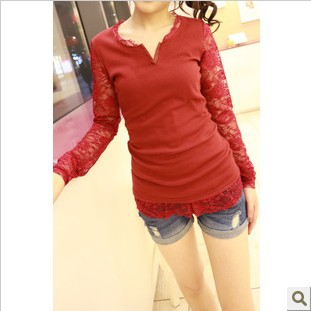 Free shipping !whole sale  lace long-sleeve patchwork leather placketing lace slim thread basic shirt