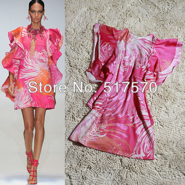 Free Shipping / Wholesale 100% silk 2013 spring & summer new arrival Green / Red casual ruffles printed dress