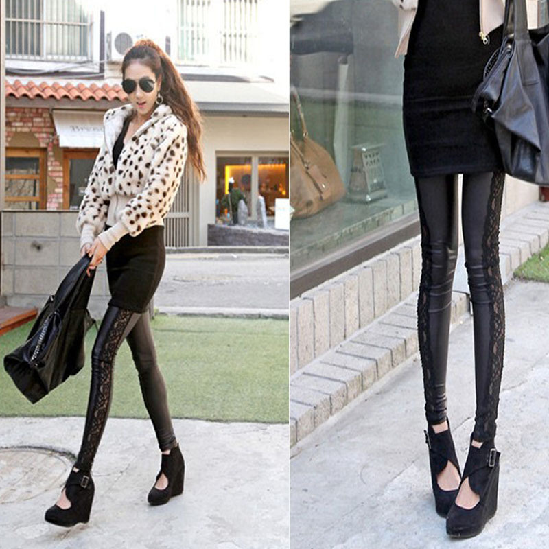 free shipping wholesale 3pcs/lot Lace legging lace patchwork faux leather pants elastic female ankle length trousers