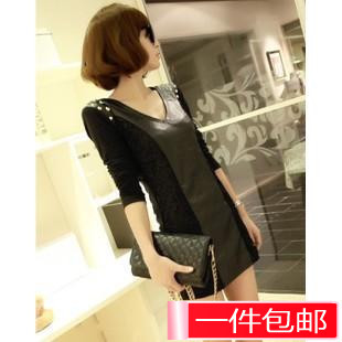 free shipping wholesale 453 fashion slim punk lace patchwork rivet long-sleeve leather one-piece dress