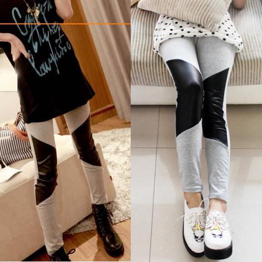 free shipping wholesale 4pcs/lot 2012 autumn new arrival grey cotton knee leather patchwork ankle length trousers legging female